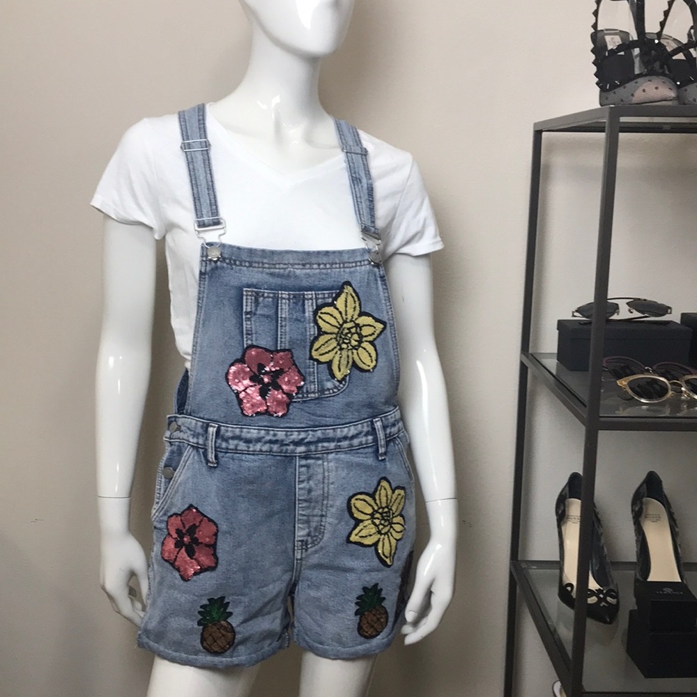 Glamorous Sequin Patch Denim Romper Overalls - image 1